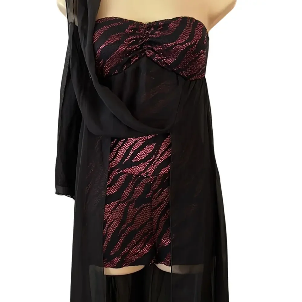 Flamingo Brand Strapless Long Flowy Black Chiffon and pink lace Romper Clubwear